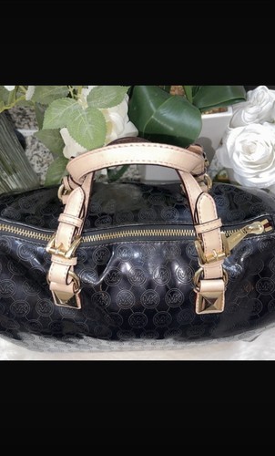 Michael Kors Black Beige Logo Satchel Zip Gold Hardware Charm Bottom Studs - Picture 9 of 15