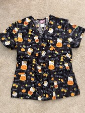 Hello Kitty Women  s Size S Halloween Patterned Cotton Scrub Top Black