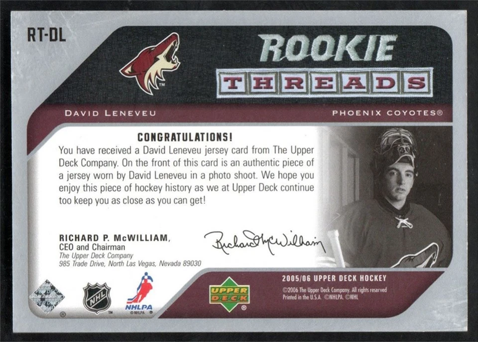 2005-06 Upper Deck Threads David Leneveu Rookie Jersey #RT-DL Phoenix Coyotes - Image 2 of 2