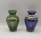 Murano Ferro & Lazzarini Vase Pair Green  & Blue Glass 24K Gold Leaf 4" READ Vtg