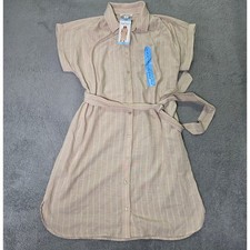 Nine West Womens Large Shirt Dress Khaki Pinstripe Belted Button Front DNWW3362