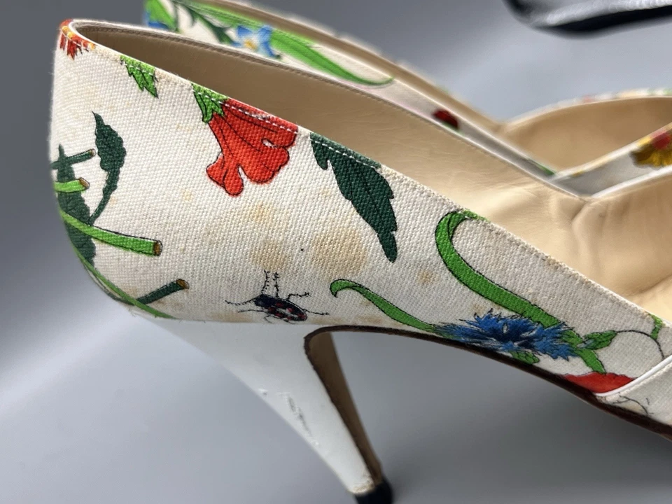 Vintage 80s Gucci Flora High Heel Pumps Floral Italian Leather Dress Shoes 37 - Image 4 of 4