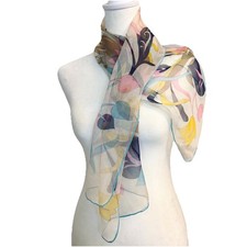 Vtg 70s Mod Italian Silk Chiffon Scarf - Abstract Mod Floral Hand Rolled Edges