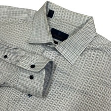 David Donahue Dress Shirt Mens 18.5 34/35 Trim Fit Blue Gingham Plaid Button