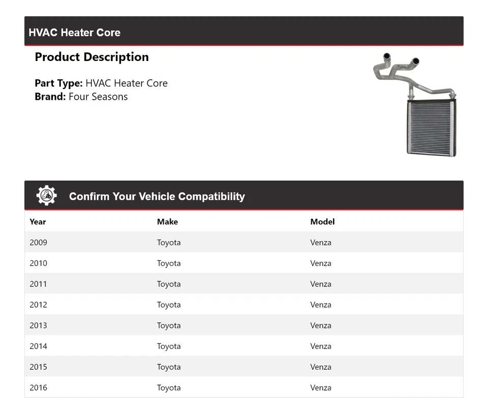 Núcleo de calefacción de climatización para Toyota Venza 2009-2016 4 estaciones 2010 2011 2012 2013 2014 Foto 2 de 4