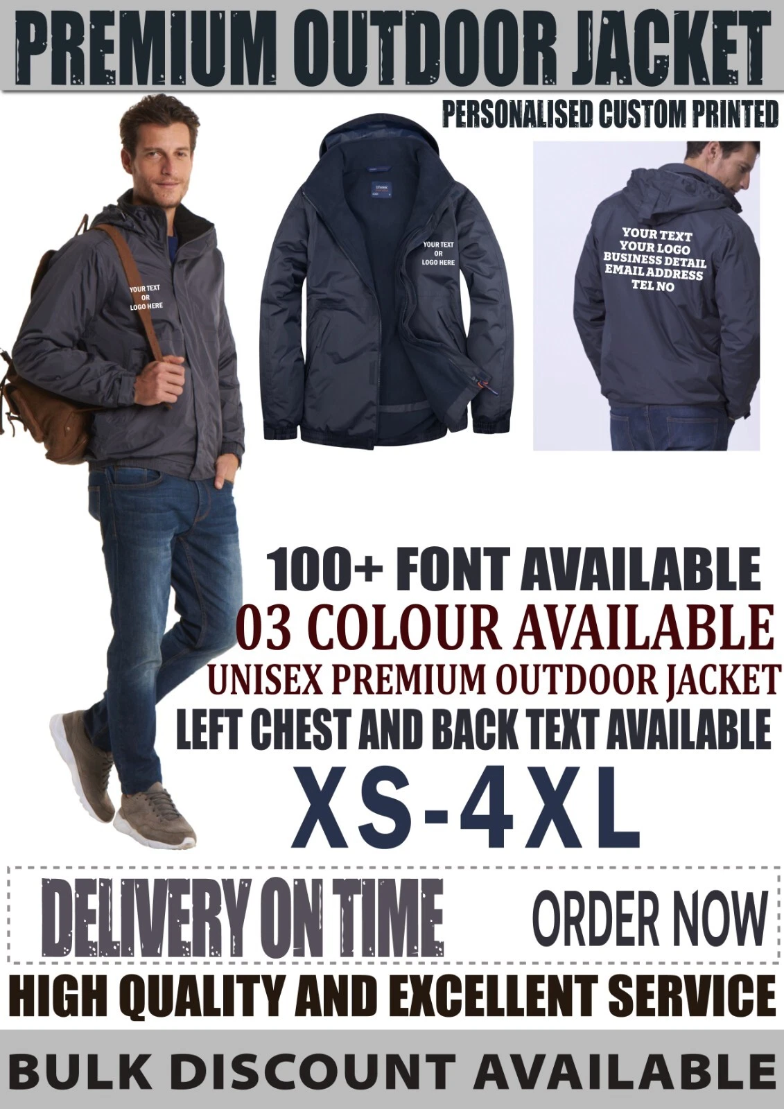 Personalised Custom printed ANY Text Uneek UC620 Premium Outdoor Jacket Workwear