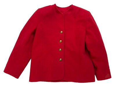 Vintage L Bright Red Wool & Cashmere Jacket Gold Buttons Made In England 90s