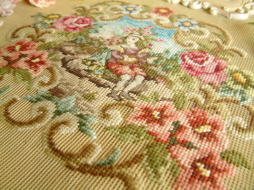 Antique Young Lady In Rose Floral Vines Preworked Needlepoint Canvas  - Image 3 of 4