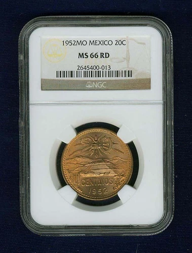 MEXICO ESTADOS UNIDOS  1952  20 CENTAVOS GEM UNCIRCULATED CERTIFIED NGC MS66-RD