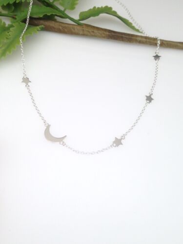 925 Sterling Silver Tiny Star Crescent Moon Station Choker Necklace 4/10mm 15.5" - Picture 3 of 9