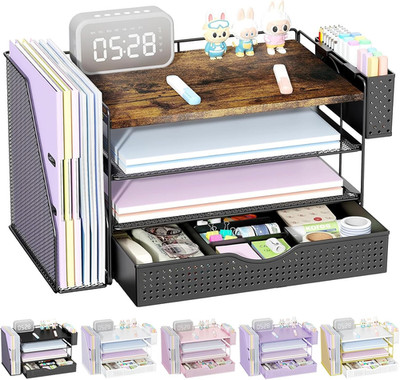 Wood Desk Organizer with File Holder 4 Tier Drawer and Pen Holder