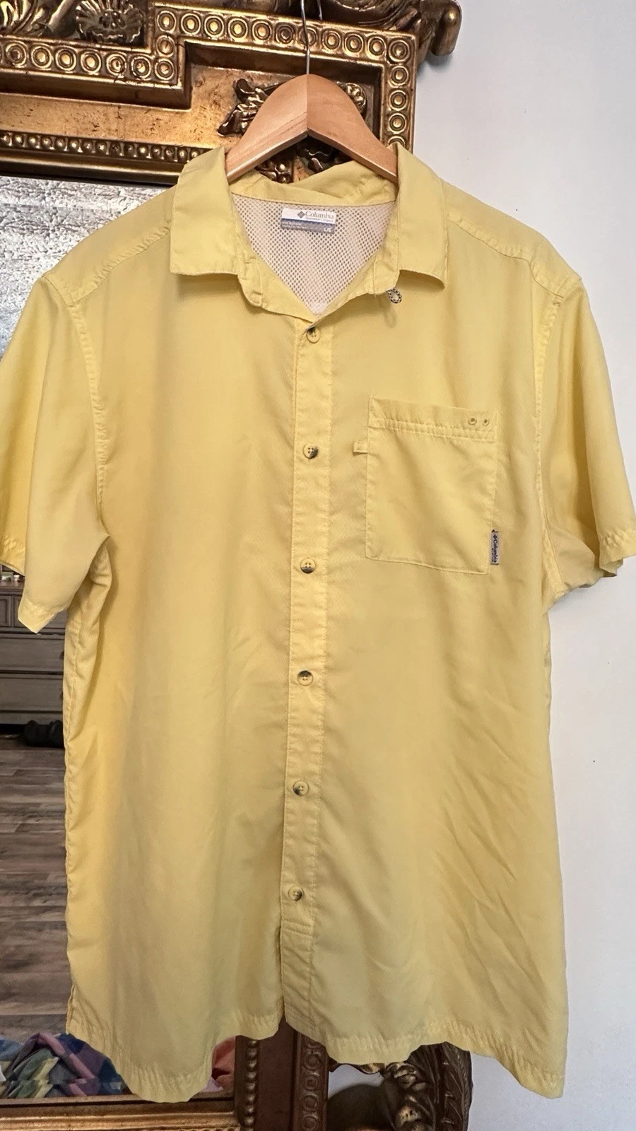 Columbia PFG Omni-Shade Men’s L Yellow Short Sleeve Nylon Fishing Shirt, Pockets