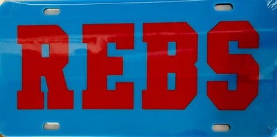 OLE MISS REBELS REBS MIRROR ACRYLIC CAR TAG POWDER BLUE W/RED BLOCK