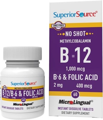 Superior Source No Shot Vitamin B-12 Methylcobalamin 1000 mcg, B-6 & Folic Acid