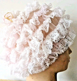 2 VTG ANTIQUE LACE CAPS HAIR NETS BED LINGERIE ROLLERS PASTELS & BLACK/DARK BRN
