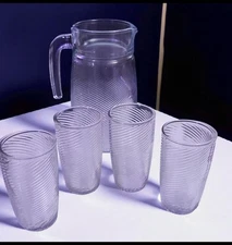 Vintage 5 Piece Spiral Ribbed Swirl Glass 48 Oz Pitcher w/ 4 Tumbler Glasses Set
