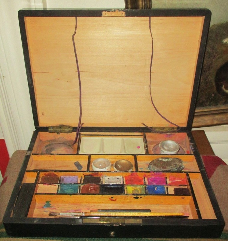 ANTIQUE MODELES A METAMORPHOSIS WATERCOLOR SET PAINTS BRUSHES PORCELAIN BOX ETC