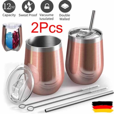 2×Weinbecher mit Deckel,12oz doppelwandiges,Edelstahl-Weinglas Reise kaffeetasse