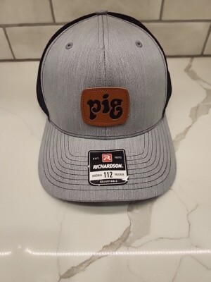 Richardson 112 Pig Square Leather Patch Trucker Hat Gray Black Adjustable Snap