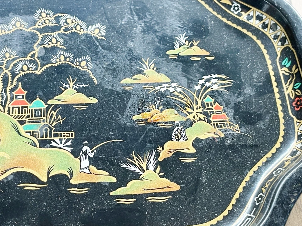 VINTAGE WORCESTER WARE TRAY - METAL ENAMEL CHINESE ORIENTAL DINNER SERVING - Image 4 of 4