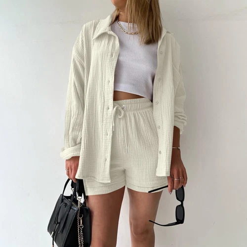 Sommer Damen Musselin Bluse Shirt und Shorts Kleidung Set Strand Outfit Zweiteiler - Bild 43 von 45