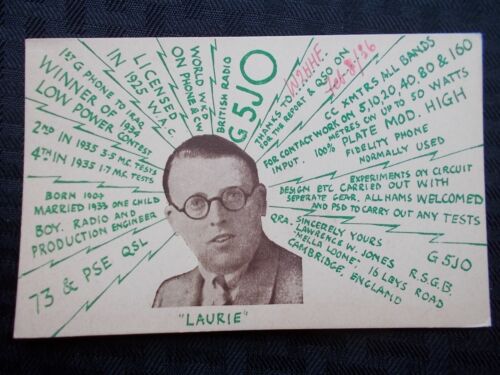 QSL RADIO CARD CAMBRIDGE ENGLAND G5JO "LAURIE" 1936 C78