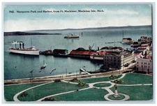 c1910 Marquette Park Harbor Ft. Mackinac Steamer Mackinac Isle Michigan Postcard