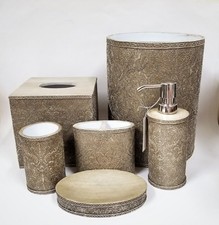 RAYMOND WAITES 6 PC SET SAGE+TAUPE RESIN,VINTAGE STYLE SOAP DISPENSER+TRASH+4