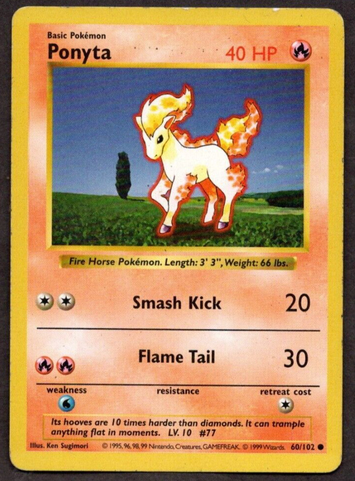 Ponyta 60/102 Base Set (Shadowless) WOTC Pokemon TCG 1999 MP