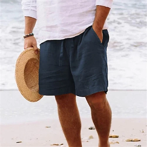 Herren Baumwolle Leinen Shorts Sommer Strand Kordelzug Taille kurze Hose - Bild 9 von 28