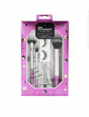 Real Techniques 5 Piece Lustrous Cosmetic Makeup Brush Gift Set Case Purple NIB