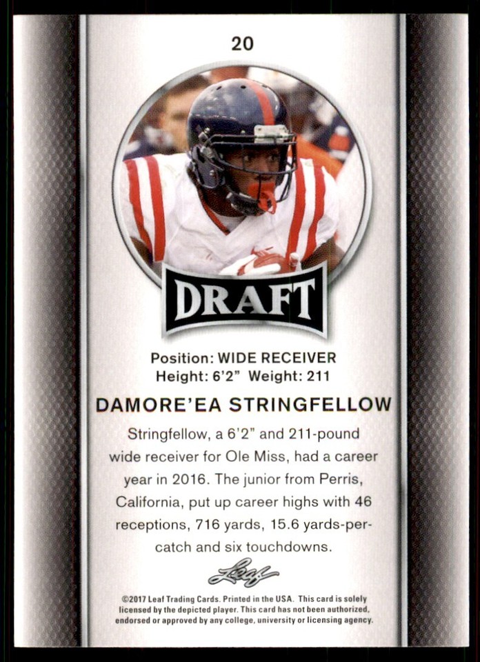 2017 Leaf Draft Damore’ea Stringfellow Rookie Ole Miss Rebels #20 NCAA ...