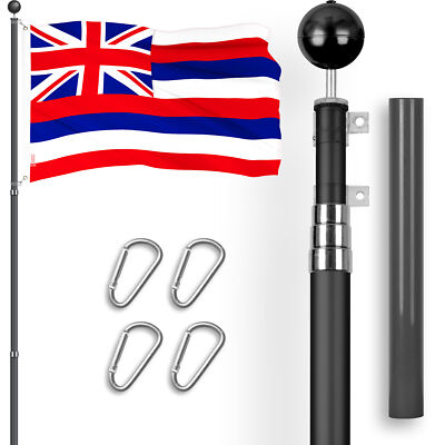 Combo: 16 Ft Telescoping Flagpole Black & Hawaii HI State Flag 3x5 Ft Emb 300D