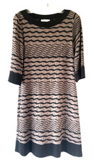 Papillon Blanc Womens  Dress Geometric 70’s Black Trim 3/4 Sleeves Zig Zag Sz L