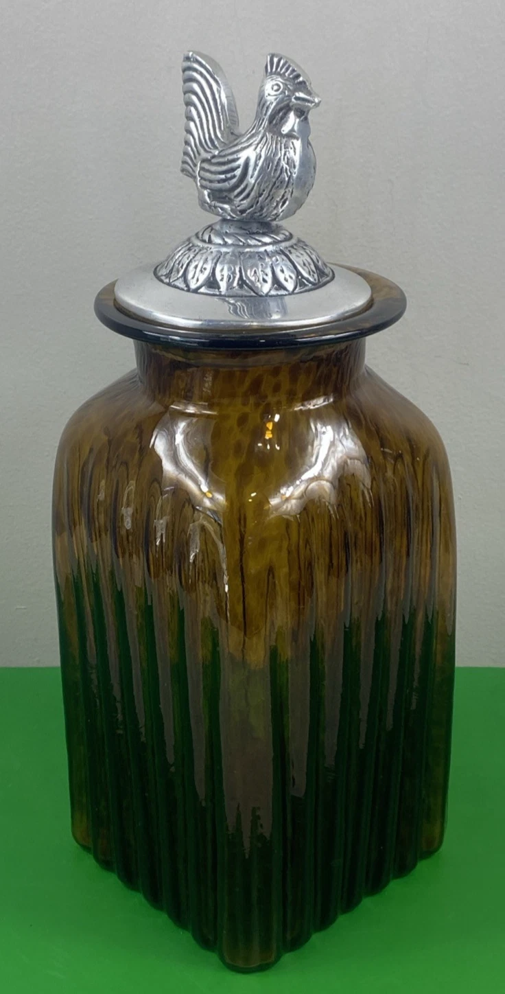 🐓Vintage Artland Amber Glass 12.5" Canister with Pewter Rooster Lid