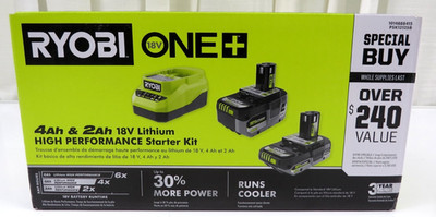 Ryobi 18V One+ 4Ah & 2Ah Lithium Battery High Performance Starter Kit W/Charger