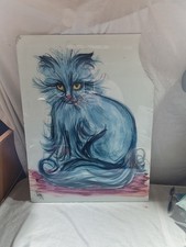 Artist Signed Painting Of A Blue Cat On Glass Some Damage To The Corners