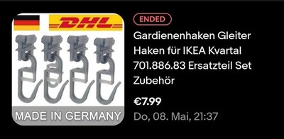 Gardienenhaken Gleiter Haken für IKEA Kvartal 701.886.83 Ersatzteil Set Zubehör
