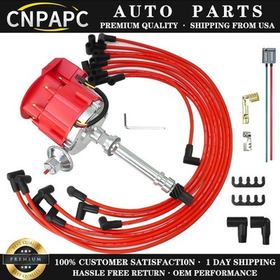 HEI Red Distributor for Chevy SBC 283 305 327 350 400 454 w/Spark Plug Wires Kit