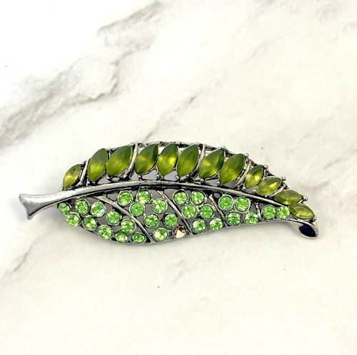 Vintage Green Rhinestone Leaf Brooch Silver Tone Nature Costume Jewelry Flaw