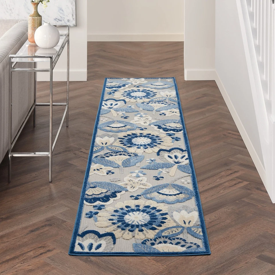 Blue Grey Indoor Outdoor Runner Rug Durable Polypropylene Floral Design 2X10 - Image 3 of 4