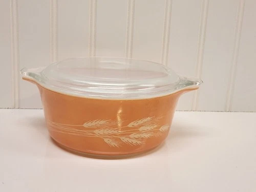 VTG Pyrex Orange Autum Harvest Wheat Casserole Bowl Dish with Lid 472-B, 750mL