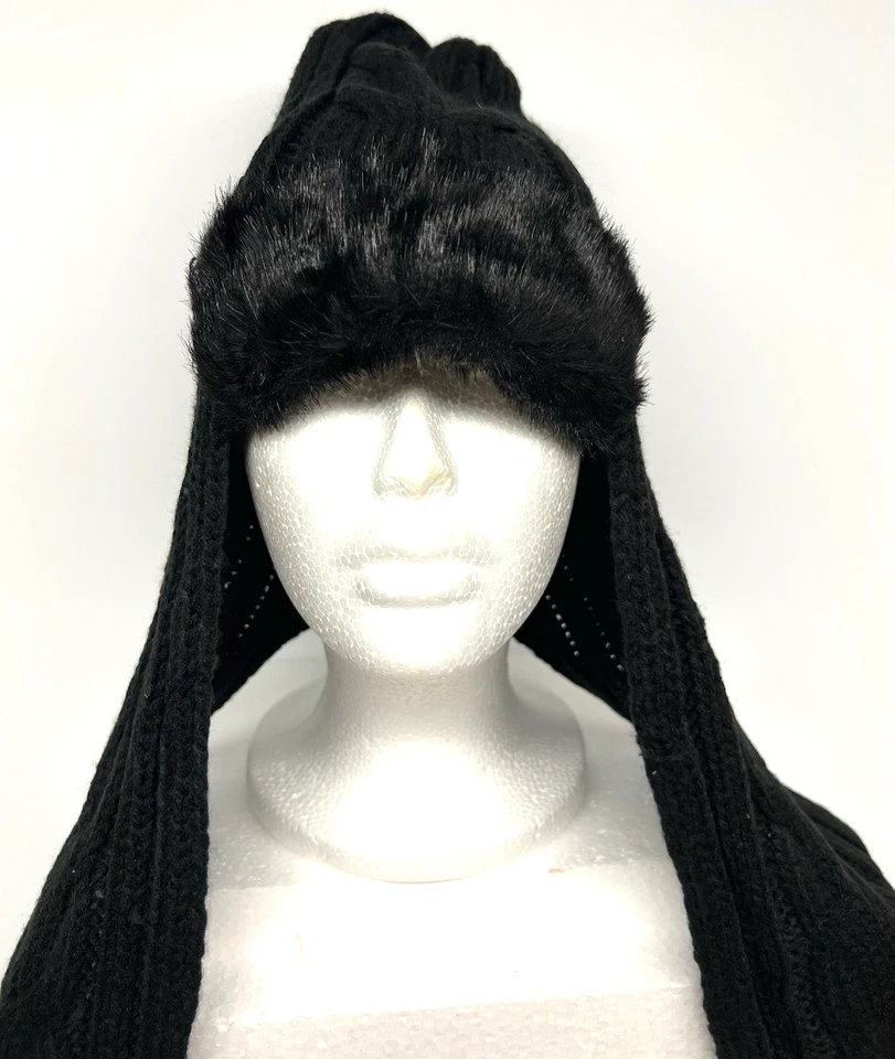 豆豆围巾 带口袋和帽 黑色 全新 丙烯酸 带人造毛皮装饰 多功能 — 第 2/4 张图片