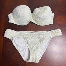 Vtg Victoria s Secret Lace Strapless Bikini Set Cream Ivory Women s L Top 36C