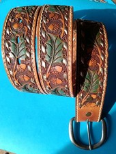 Vintage Tooled Leather Western Style Belt Acorn Leaf Design Gold Lacing Sz 32