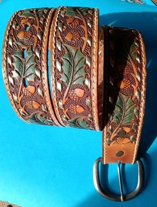Vintage Tooled Leather Western Style Belt Acorn & Leaf Design Gold Lacing Sz 32