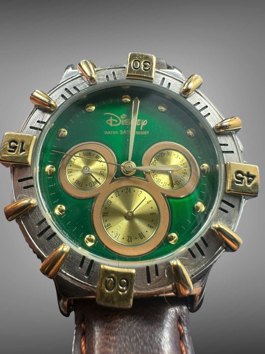 Disney Time Works Emerald Green Dial Mickey Watch Rotating Bezel
