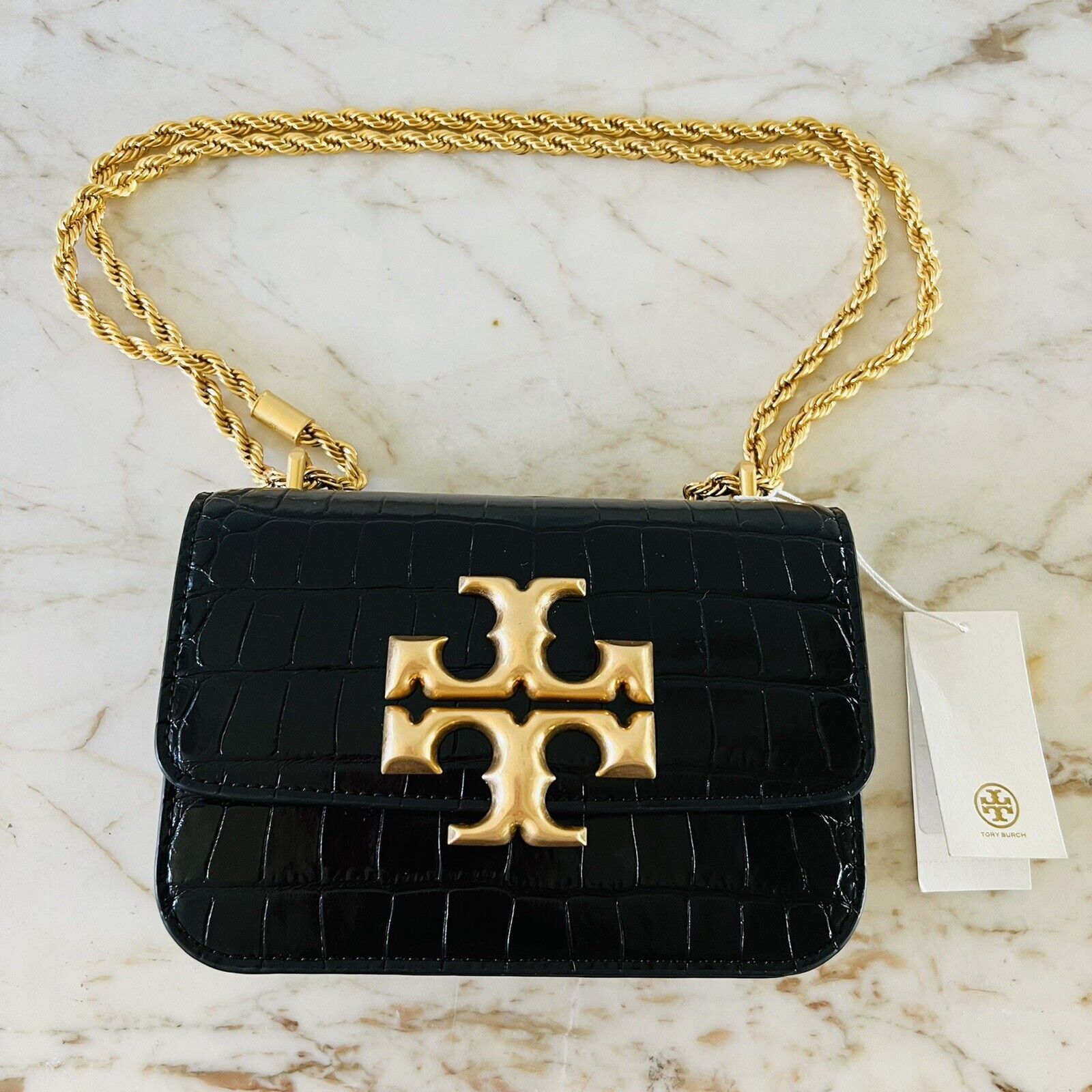 TORY BURCH Eleanor Croc-Embossed Black Leather Small Convertible Shoulder  Bag | eBay