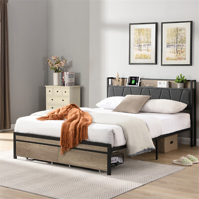 Queen Size Bed Frame with Upholstered Headboard Metal Platform Bed w/ 2 Drawer