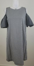 Ann Taylor LOFT~Dress 6~Gray Mixed Stripe Cotton Poplin Cold-Shoulder Mini Shift